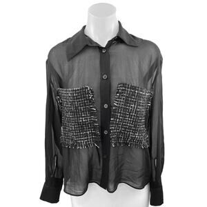 Zara Black Chiffon Tweed Pockets Long Sleeve Collar Sheer Blouse Shirt Top Sz S